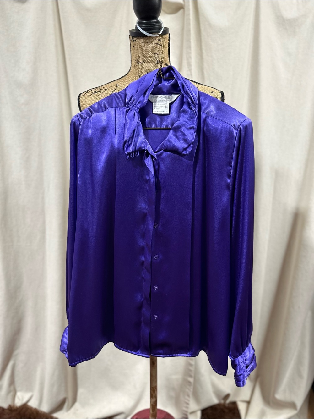 Vintage 80’s Silk-Feel Purple Button-Up Blouse with Tie Neck